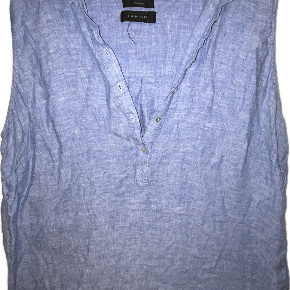 TAHARI Top 100% Linen Button Down Blue Tunic Women’s 2X